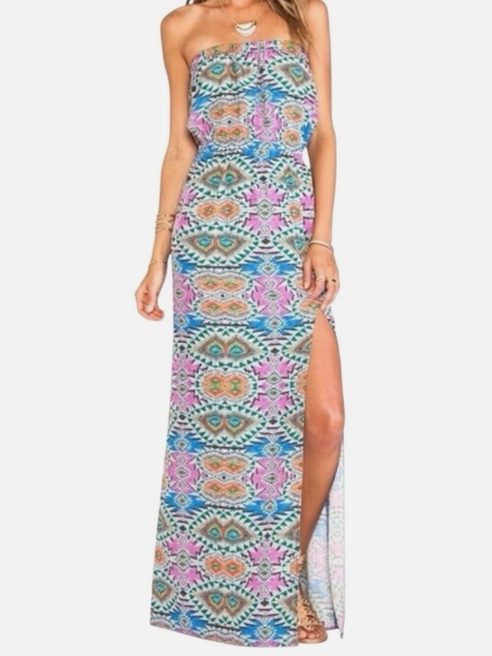 Lovers + Friends Multi-Colored Pattern High Slit Strapless Maxi Dress